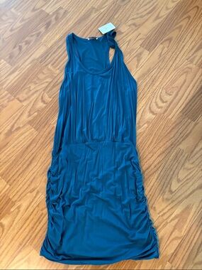 LaClef Teal One-Shoulder Ruched Side Dress